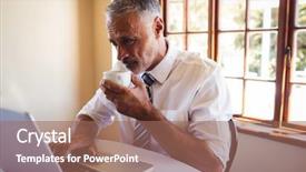  Presentation with coffee - Slide deck having hotel associate - businessman using laptop while having background and a coral colored foreground