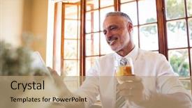  Presentation with phone - Slides featuring hotel associate - businessman using mobile phone while background and a coral colored foreground