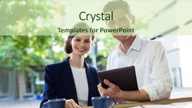  Presentation with over the counter - Cool new slides with hotel associate - businesspeople discussing over digital tablet backdrop and a  colored foreground