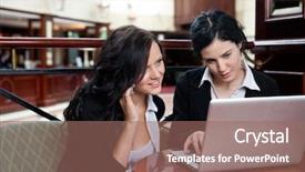  Presentation with executive performance evaluation - Slide deck featuring hotel associate - female executive working on laptop background and a coral colored foreground