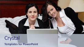  Presentation with portrait of excited overjoyed female - Audience pleasing slides consisting of hotel associate - portrait of two happy female backdrop and a  colored foreground