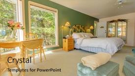  Presentation with home design - PPT layouts having hotel bedroom interior design background and a coral colored foreground