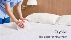  Presentation with bed hotel - Slide deck featuring hotel cleaner putting stack background and a sky blue colored foreground