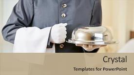  Presentation with hotel - Amazing PPT theme having hotel clerk serving food backdrop and a coral colored foreground