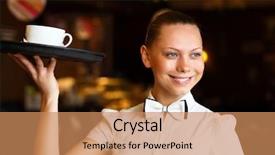  Presentation with catering service waitress on duty - Amazing PPT theme having hotel coffee - portrait of young waitress backdrop and a coral colored foreground