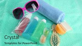  Presentation with cosmetics - Presentation design having hotel cosmetics kit on blue towel background and a seafoam green colored foreground