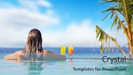  Presentation with swimming - Theme featuring brunette girl with cocktails in swimming pool background and a light blue colored foreground