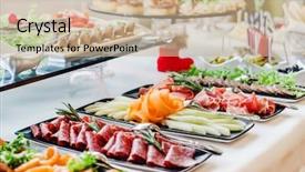  Presentation with banquet - Presentation theme having seafood sandwich - catering banquet table background and a soft green colored foreground