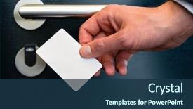  Presentation with electronic sensor - Presentation theme featuring hotel door - young man holding background and a ocean colored foreground