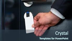  Presentation with electronic sensor - PPT theme with hotel door - young man holding background and a tawny brown colored foreground