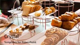  Presentation with pastry cookbook - PPT theme consisting of hotel english - assortment of fresh pastry background and a coral colored foreground