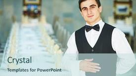  Presentation with restaurant waiter - PPT layouts with hotel event - male cheerful waiter in restaurant background and a sky blue colored foreground