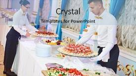  Presentation with waitress - Amazing slides having hotel event - restaurant waitress serving table backdrop and a light blue colored foreground
