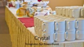  Presentation with stack of newspapers - PPT theme with hotel event - stack of porcelain cups shallow background and a  colored foreground