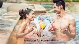  Presentation with summer drinking water - Presentation theme featuring hotel facilities - handsome young man flirting background and a coral colored foreground