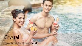  Presentation with summer drinking water - Audience pleasing PPT theme consisting of hotel facilities - handsome young man flirting backdrop and a coral colored foreground