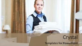  Presentation with hotel housekeeping - PPT theme with hotel female housekeeping worker background and a coral colored foreground