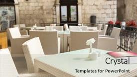  Presentation with poolside restaurant family - Cool new presentation design with hotel furniture - outdoor restaurant tables backdrop and a  colored foreground