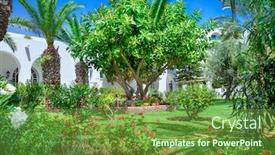  Presentation with hotel - Presentation design enhanced with hotel-garden-and-palm-trees background and a tawny brown colored foreground