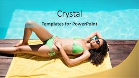  Presentation with textile terry towel - Audience pleasing presentation design consisting of hotel gratuit - fit brunette lying on towel backdrop and a  colored foreground