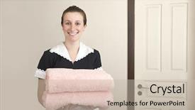  Presentation with happy young student girl holding - Slides consisting of hotel housekeeping - young happy uniformed maid carrying background and a mint green colored foreground
