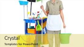  Presentation with hotel industry - PPT theme having hotel industry - cleaner maid woman with mop background and a yellow colored foreground