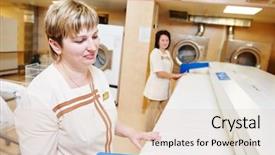  Presentation with ironing - Presentation theme having hotel linen cleaning services woman background and a  colored foreground