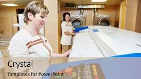  Presentation with ironing - PPT theme enhanced with hotel linen cleaning services woman background and a coral colored foreground