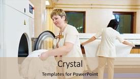  Presentation with cleaning services - Slides enhanced with hotel linen cleaning services woman background and a coral colored foreground