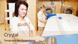  Presentation with cleaning services - PPT theme enhanced with hotel linen cleaning services woman background and a lemonade colored foreground