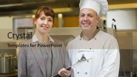  Presentation with mature female surgeon - Beautiful PPT theme featuring hotel mangement - mature head cook posing backdrop and a coral colored foreground