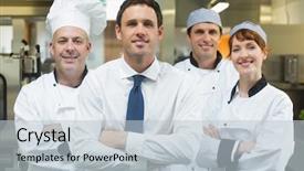  Presentation with hotel team - Beautiful slide set featuring hotel mangement - restaurant manager standing in front backdrop and a lemonade colored foreground