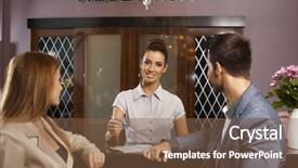  Presentation with hospitality hotel reception female receptionist - Slides consisting of hotel recepion - portrait of happy female receptionist background and a tawny brown colored foreground