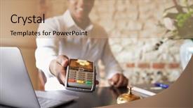  Presentation with smart card - Cool new presentation design with hotel reception holds credit card backdrop and a coral colored foreground