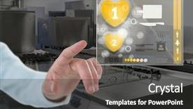  Presentation with research - Colorful PPT theme enhanced with hotel research - digital composite of hand touching backdrop and a dark gray colored foreground