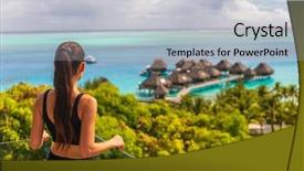  Presentation with hotel resort - Presentation theme enhanced with hotel resort woman tourist overlooking background and a light blue colored foreground