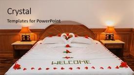  Presentation with hotel company anniversary - Audience pleasing PPT layouts consisting of hotel room prepared for romantic backdrop and a  colored foreground