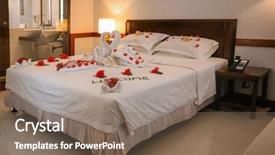  Presentation with hotel company anniversary - PPT theme with hotel room prepared for romantic background and a violet colored foreground