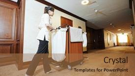  Presentation with hotel housekeeping - Colorful PPT layouts enhanced with hotel room service female housekeeping backdrop and a coral colored foreground