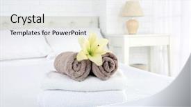  Presentation with interior - PPT theme consisting of hotel rooms - freshly laundered fluffy towels background and a sky blue colored foreground