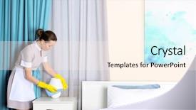  Presentation with cleaning service - Amazing PPT theme having hotel service concept chambermaid cleaning backdrop and a cream colored foreground