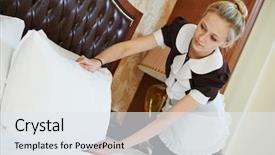  Presentation with hotel housekeeping - Cool new PPT layouts with hotel service female housekeeping worker backdrop and a sky blue colored foreground