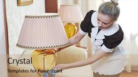  Presentation with hotel housekeeping - Cool new slide set with hotel service female housekeeping worker backdrop and a coral colored foreground