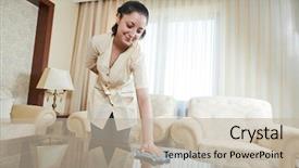  Presentation with room cleaning - Cool new presentation theme with hotel service female housekeeping worker backdrop and a mint green colored foreground