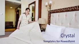  Presentation with hotel housekeeping - Beautiful presentation theme featuring hotel service female housekeeping worker backdrop and a sky blue colored foreground