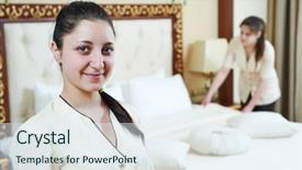  Presentation with hotel housekeeping - Colorful presentation enhanced with hotel service female housekeeping workers backdrop and a sky blue colored foreground