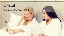  Presentation with hotel technology - PPT layouts with hotel travel friendship internet technology and happiness concept - smiling girlfriends with tablet pc computers in bed background and a lemonade colored foreground