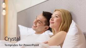  Presentation with relationships - Audience pleasing presentation design consisting of hotel travel relationships and happiness concept - happy couple dreaming in bed backdrop and a coral colored foreground