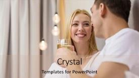  Presentation with bed hotel - Colorful presentation enhanced with hotel travel relationships and happiness concept - smiling couple with champagne glasses in bed backdrop and a coral colored foreground