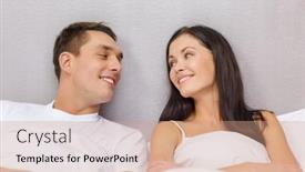  Presentation with relationships - Colorful presentation design enhanced with hotel travel relationships and happiness concept - happy couple in bed backdrop and a coral colored foreground